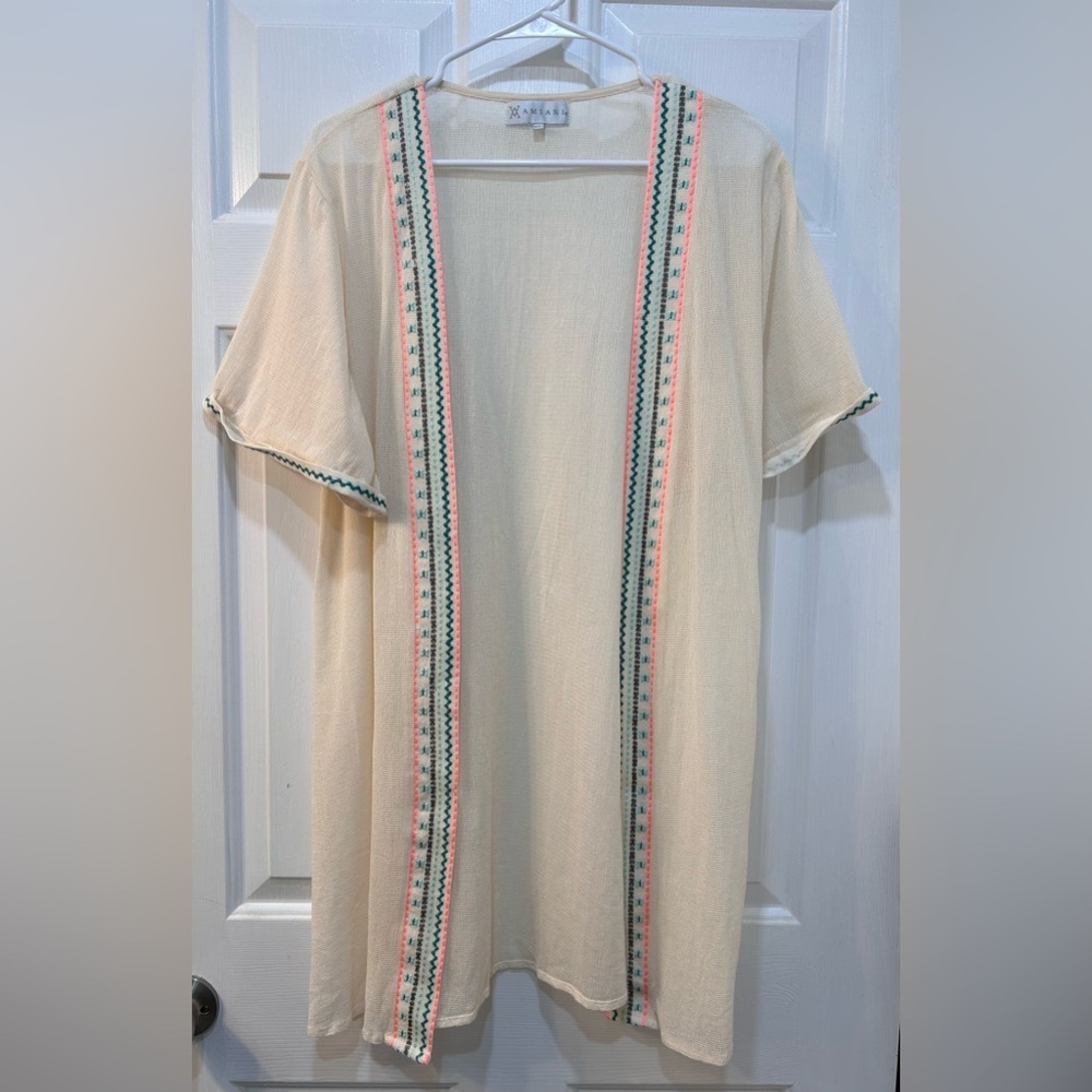 Amiani Open Long Line Sheer Cardigan Sz L Embroidered Coastal Resortwear Beach